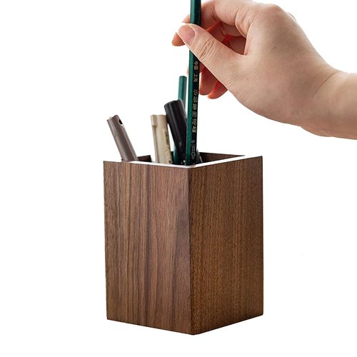 Sokelinn-six Wood Pen Holder for Desk, Natural Black Walnut Handwork Organizer Stand for Pencils Make up Brushes Stationery Office School Desktop Decor Use (Square)