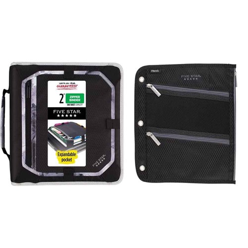 Five Star Bundle : 2 Inch Zipper Binder, 3 Ring Binder, Black/Gray (29052IT8) & Zipper Pencil Pouch, Pen Holder, Fits 3 Ring Binders, Assorted Colors, Color Will Vary (50642)