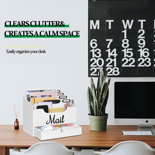 Niciksty Wood Desktop Mail Organizer, Mail Organizer Countertop with 4 Compartments and Drawer, Wood Mail Holder Sorter Organizer Holder for File Letter Paper Folder, White Wooden Desk Organizer