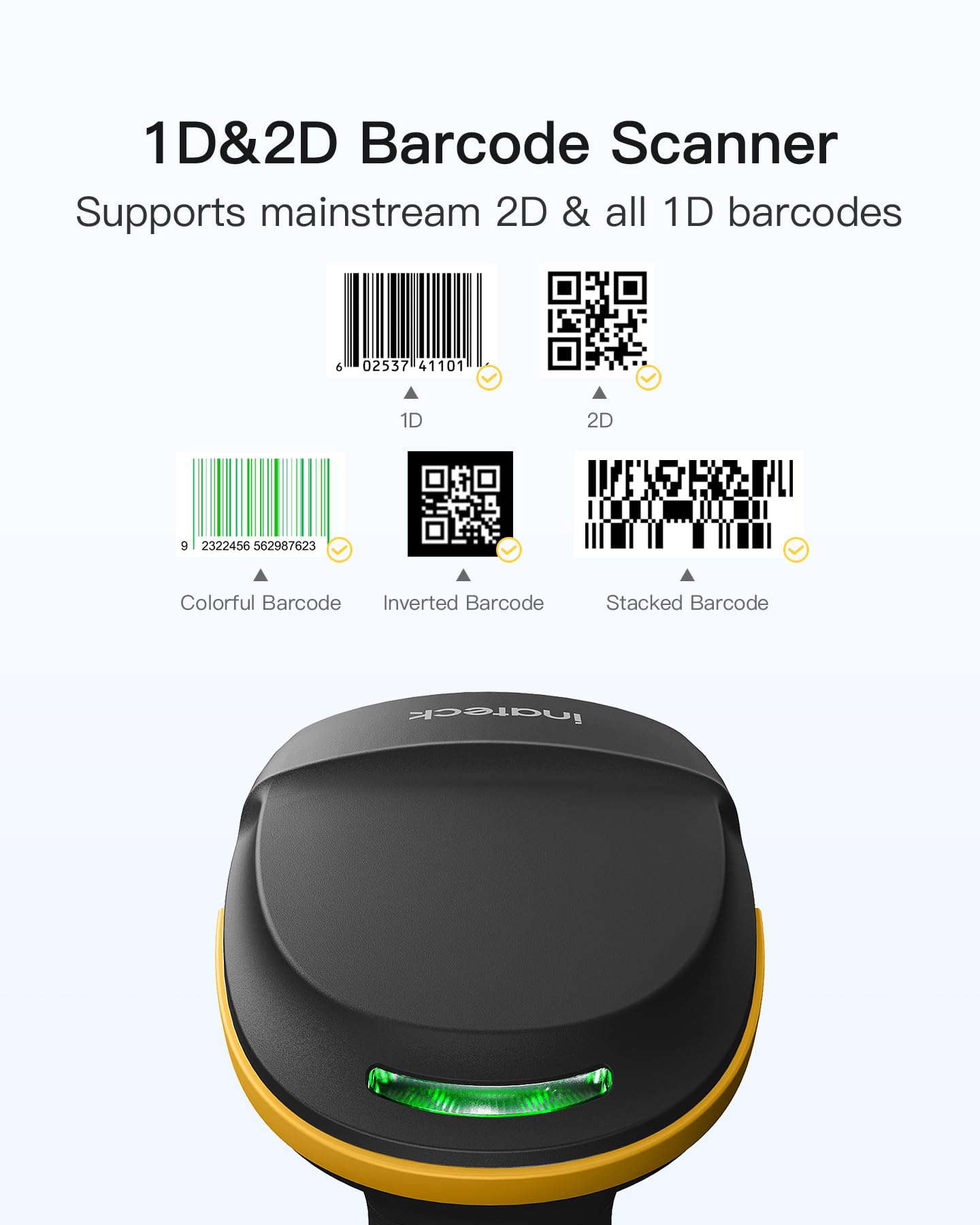 Inateck 2D Barcode Scanner Bluetooth, Barcode Reader with 2.4Ghz Smart Base, Screen Scanning, BCST-54 Black