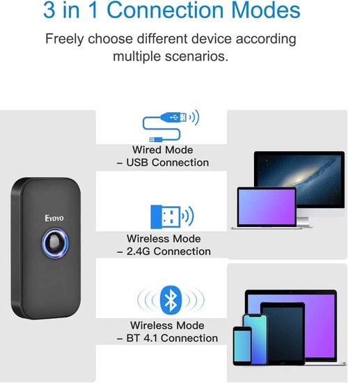 Eyoyo Mini Bluetooth Barcode Scanner - 3-in-1 Wireless & USB Connectivity | Portable Black Design for iOS, Windows, Android