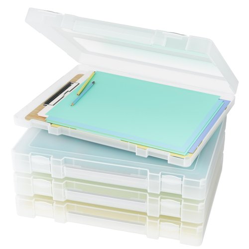 Denkee Large Paper Storage Box, 4 Pack Plastic Scrapbook Paper Storage Organizer with Handle for A4, 8.5 x 11 US Letter, Portable File Document Case, Board Game Storage
