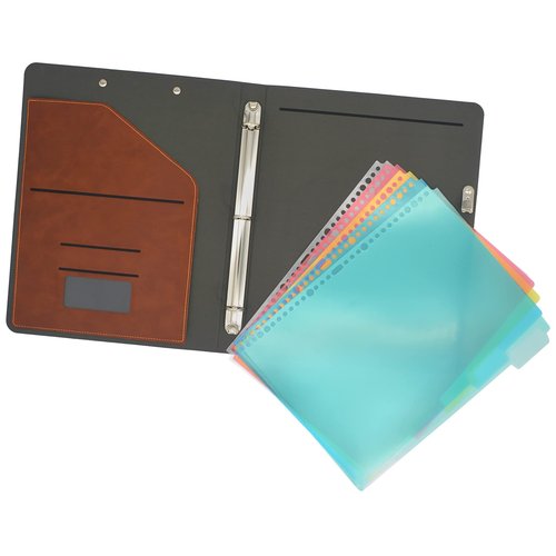 3 Ring Binder Padfolio Clipboard Case with Color File Folders, PU Leather Padfolio Ring Binder with Clipboard (Coffee, Standard)