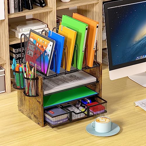 DAOUTIME 4-Tier Mesh Desk Organizer with Drawer and Wooden Finish for Home Office