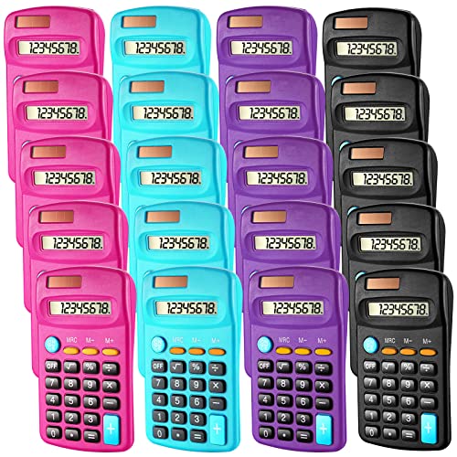 20 Packs Pocket Size Mini Basic Calculators for Students 8 Digit Display Solar Battery Dual Power Small Calculators for Desktop Home Office School Students Kids, 4 Colors
