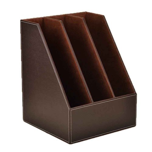 Vertical Style,Leather Magazine Holder Office Desk Organizer File Document Tray Box Bookends Book Stand (Coffee (3 slot))