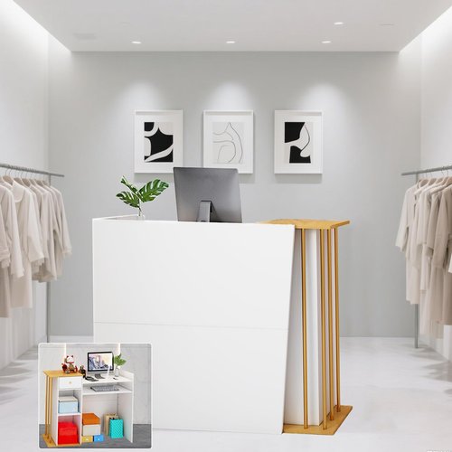 Reception Desk, Reception Counter with Drawers and Storage Shelves, 39 inch Retail Counter for Checkout with Cable Grommet, Suitable for Salons, Beauty, Clothing Stores,Thickened Wooden Board