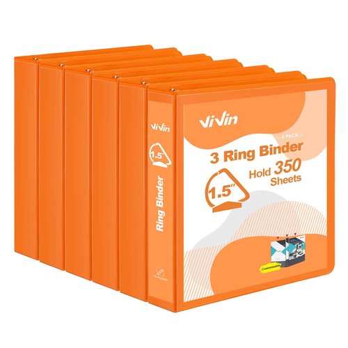 ViVin Sturdy 1.5 Inch 3 Ring Binder with Pockets, Slant-D Ring, PVC-Free, Customizable Clear View Binder,Holds 350 Sheets of 8.5" x 11" Paper,6 Pack (Orange)