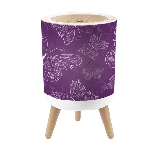 JBNJANKDAV Small Trash Can with Lid Purple Seamless Abstract Ornament White Drawing Butterflies 1.8 Gallon Dog Proof Trash Can Round Garbage Can Waste Bin Wastebasket for Bathroom Bedroom Living Room