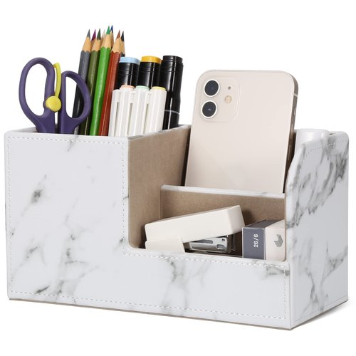 GORESE Office Desk Organizer, Pen Holder for Desk Cute, Leather Desktop Organizers with Remote Control Holder for Office Accessories Desk Supplies Organization Caddy Storage Box White Marble