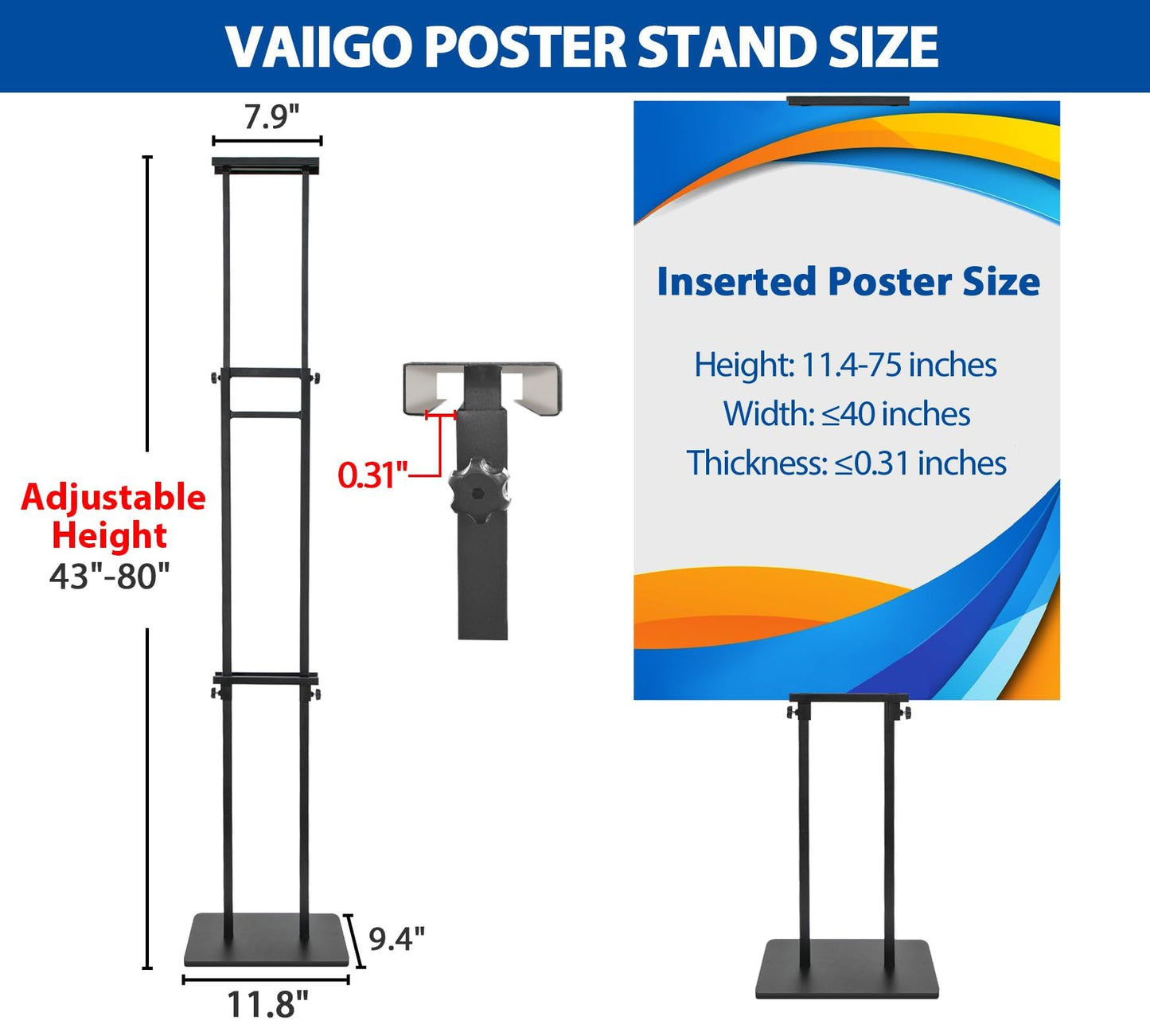 VAIIGO Pedestal Poster Sign Stand for Double Sided Display, Adjustable Poster Board Stand Height Up to 80", Heavy Duty Floor Standing Sign Holder for Board, Foam, Banner Display Stand, Black 1Pack