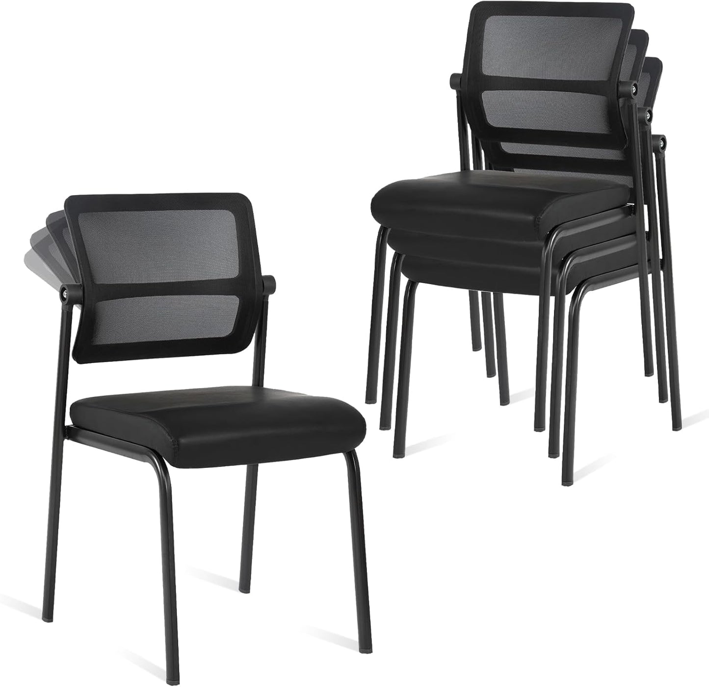 CLATINA Stacking Waiting Room Chairs - Ergonomic Mesh Backrest & Leather Cushion - 4-Pack