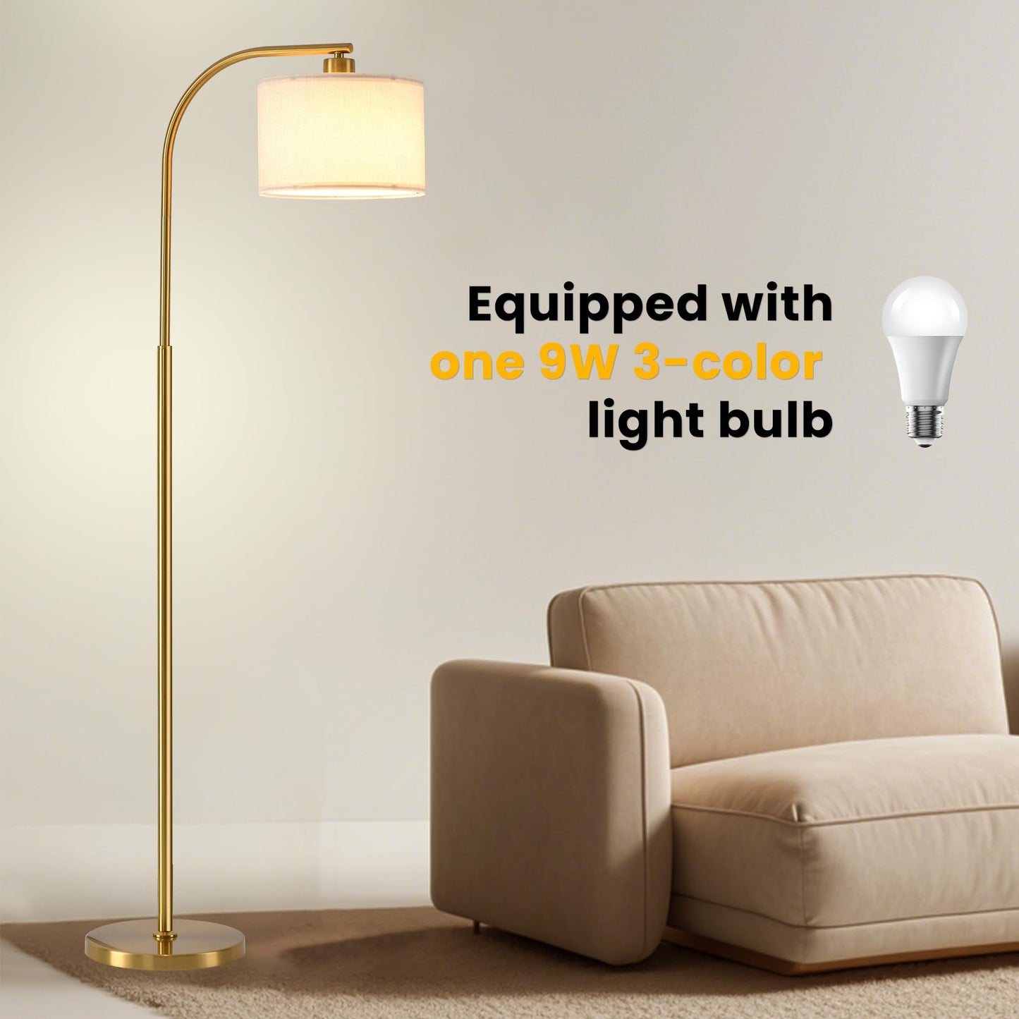 KQW Tall Floor Lamp for Living Room,65'' Modern Standing Lamps with 9W LED Bulb,Elegant Floor Light with Fabric Shade,Gold Tall Lamp for Bedroom Office Study Room Corner Dining Room