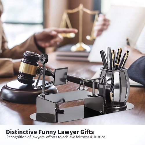 DHUJBFF Lawyer Gifts for Men Women, Balance Scales & Lawyer Design Hand Welded Metal Art Recycled Metal Sculptures Desk Accessories, Law Office Decor Pencil Pen Holder Cup & Lawyer Gifts