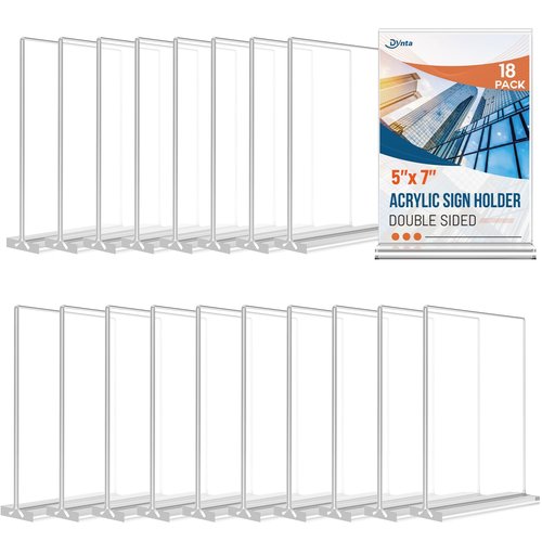 Dynta 18 Pack Acrylic Sign Holder 5x7 Inches Clear Picture Frame Vertical Table Double Sided Menu Flyer Holder T Shape Plastic Display Stand for Office Restaurant Store Wedding Party