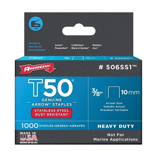 Arrow Fastener Heavy Duty T50 Stainless Steel Staples - 3/8-Inch Leg & Crown, 1000 Count