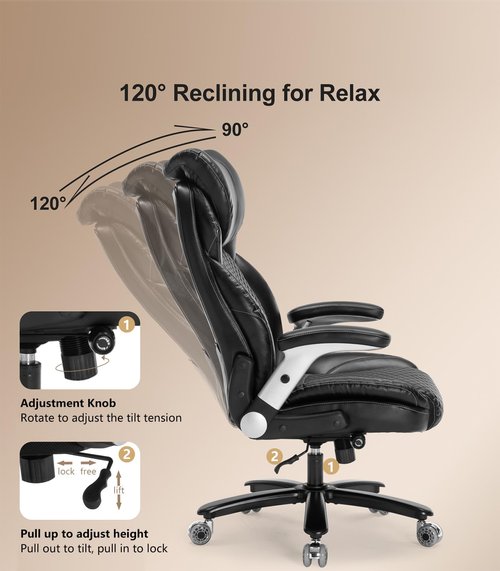 Big and Tall Office Chair, 500lbs Leather Executive Office Chair with Flip-up Arm, Heavy Duty Desk Chair with Adjustable Lumbar Support, Ergonomic High Back Computer Chair for Home, Quiet Rubber Wheel