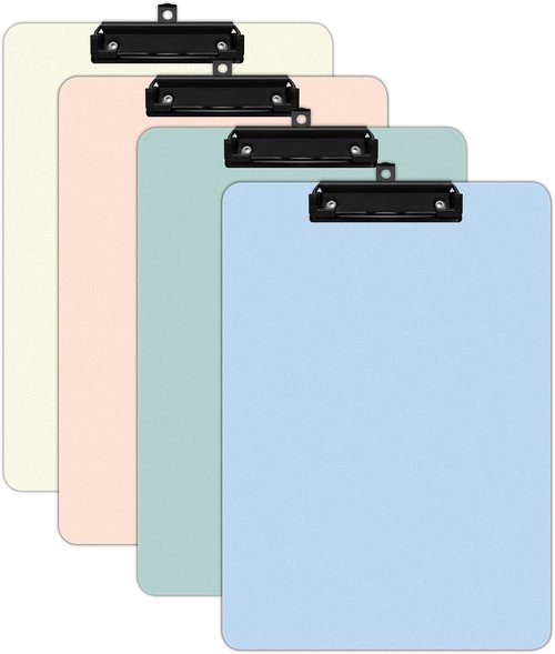 Skiennix 4 Pack Colored Clipboards - Durable Plastic with Low Profile Metal Clip | 12.5 x 9 Inch Standard Size