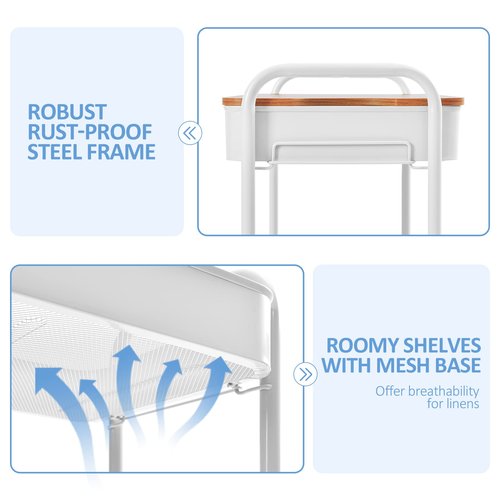 TOOLF 3-Tier Rolling Cart with Table Top, Metal Storage Cart on Wheels, Utility Organizer with Wooden Tray, Lockable Casters, Easy Assembly for Bathroom, Living Room, Office, Kitchen, White