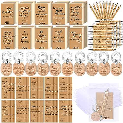 200 Pcs Christian Gifts Bulk 50 Bible Verse Notebook 50 Religious Retractable Bamboo Pens 50 Religious Inspirational Keychains Prayer Journal Church Gifts for Men Women Sunday Teacher
