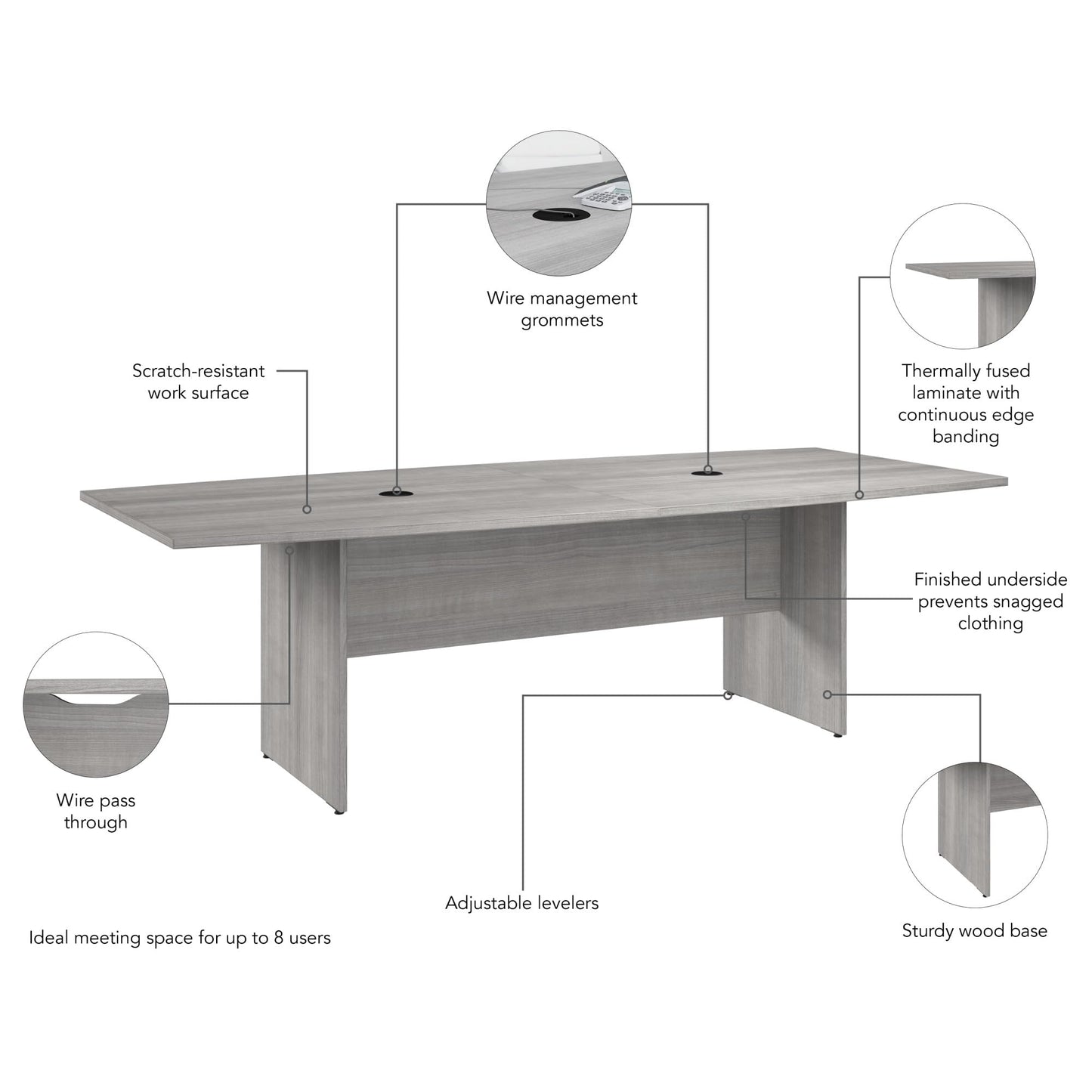 Bush Business Furniture 96-inch Office Conference Table with Wood Base, Boardroom Meeting Space for 8 Users, Platinum Gray