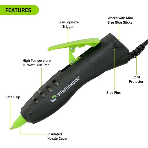 Surebonder GP-100F Ergonomic Detail Tip Mini-Size Hot Glue Pen for Precision Crafting and Repairs, 10 Watts, Corded, Black
