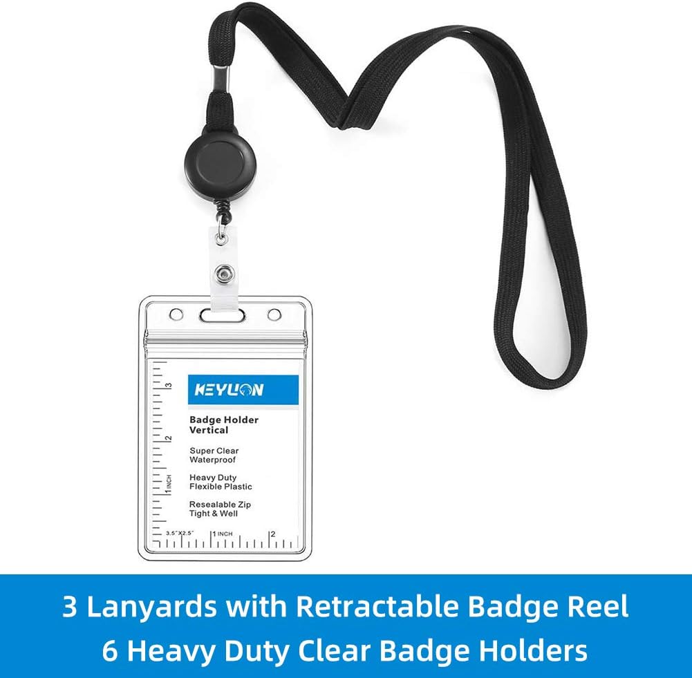 Skiennix Retractable Badge Reel Lanyard - Heavy Duty Clear Vertical ID Card Holder | Black, 3 Pack