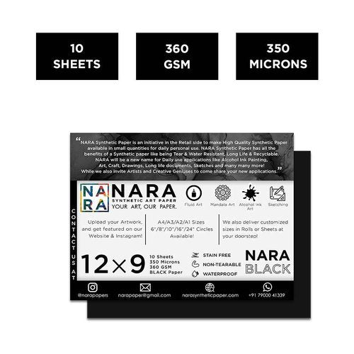 NARA Alcohol Ink Paper | Black | 12 inches x 9 inches (12”x9”) | 350 microns/360 GSM | Medium+ Paper | 10 Sheets | Paper for Alcohol Ink Art Painting | 100% Stain-Free