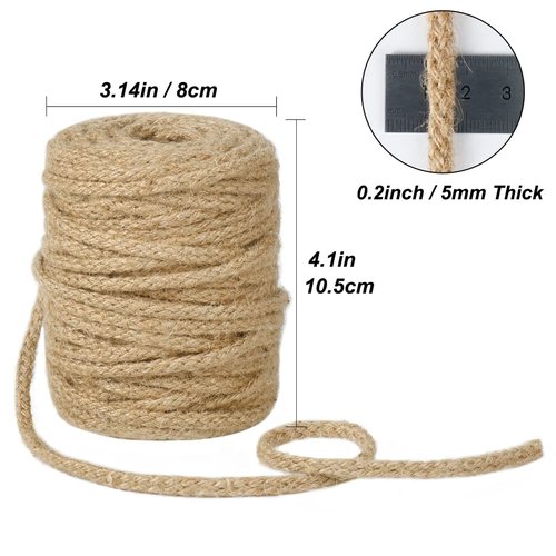 Tenn Well 5mm Jute Twine, 100 Feet Braided Natural Rope, Thick Twine for Crafts, Gift Wrapping, Gardening, Cat Tower Repair, Macrame Jute Cord