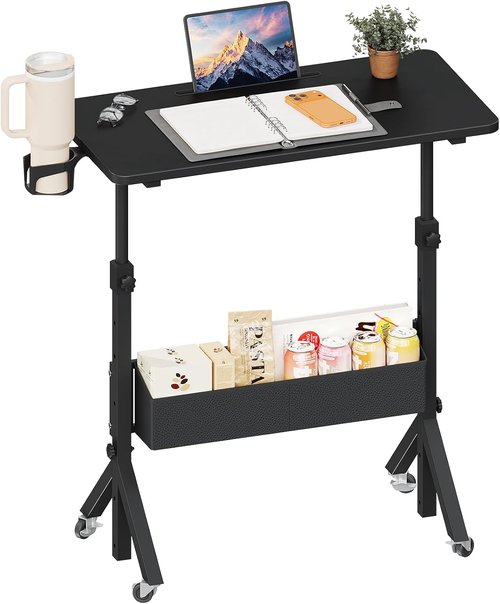 ErGear Mobile Standing Desk - Adjustable Height 28.3″ to 46.1″ | Rolling Laptop Cart with Cup Holder & Storage Basket - Black (31.5″ x 15.75″)