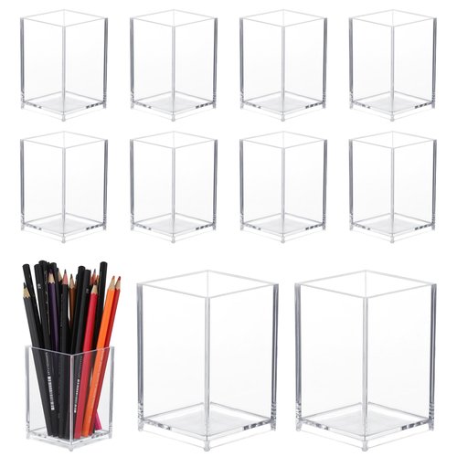 CDOKY 10PCS Acrylic Pen Holder, Clear Makeup Brush Holders, Clear Pencil Organizer Cups, Desktop Pencil Organizer Durable Acrylic Storage Organizers for Home Office School Supplies