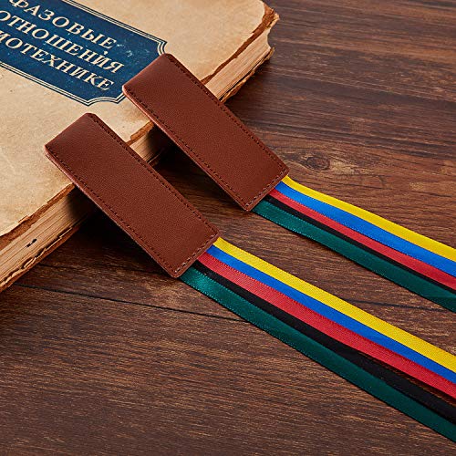Outus Classic Leather Bookmarks with Colorful Ribbons, Set of 3, Yellow, Blue, Red, Green