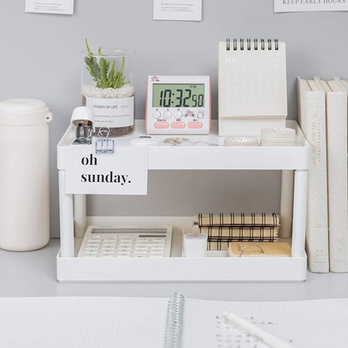 Hemoton Desktop Storage Rack Organizer Double-Layer Cosmetic Stationery Storage Holder Table Sundries Display Shelf for Kitchen Bathroom Office Dorm White