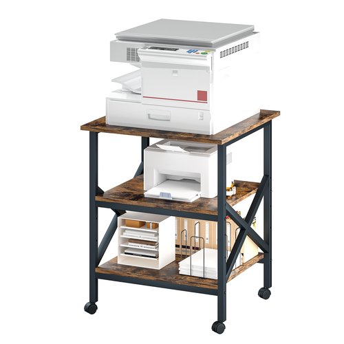 MILEFA Large 23.6 x 23.6 Inches Printer Stand with 3 Tiers, Height Adjustable Storage Shelf, Rolling Printer Cart with Industrial Wheels - Rustic Brown Home Office Printer Table