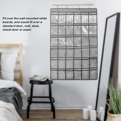 LNQ LUNIQI 36 Pockets Classroom Pocket Chart Convenient Storage Solution with 4 Pcs Metal Hooks for Teacher Cell Phones Holder Wall Door Mount Calculator Organizer (Grey)