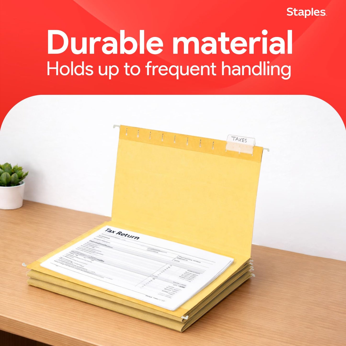 Staples Hanging File Folders, Letter Size, Yellow, 5‑Tab, Durable Construction – 25/Box