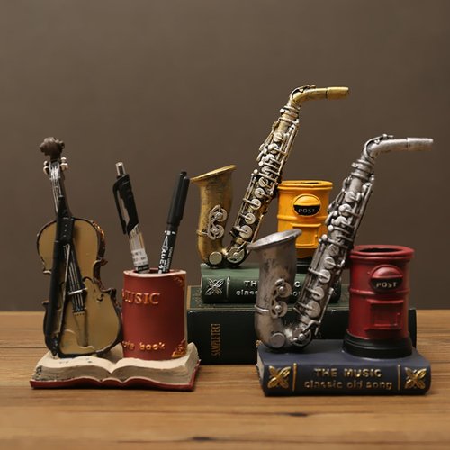 Makeup Decor Resin Pen Holder Saxophone Statue Pencil Cup Musical Pen Holder Makeup Holder Office Desktop Organizer Container Bookshelf Decoration Dresser Decor