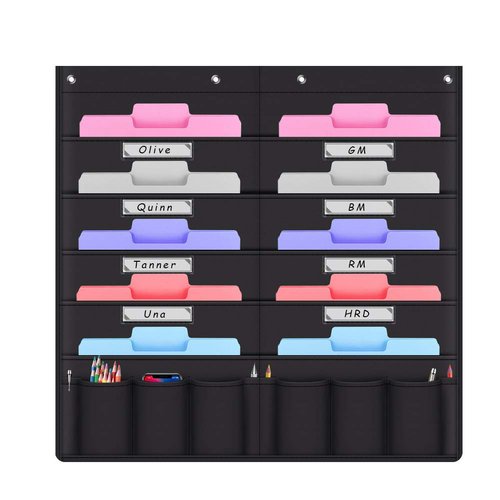 Storage Pocket Chart, Wall Hanging File Organizer Folder with 10 Large Pockets for Office, Home, School, Studio - Black 28 X 28 inch (10+6 pocket)
