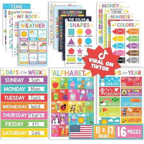 Hadley Designs 16 Educational Posters for Classroom & Kindergarten, Kindergarten Classroom Must Haves, Laminated PreK Learning Chart Materials US & World Map, ABC Alphabet, Shapes, Days of the Week