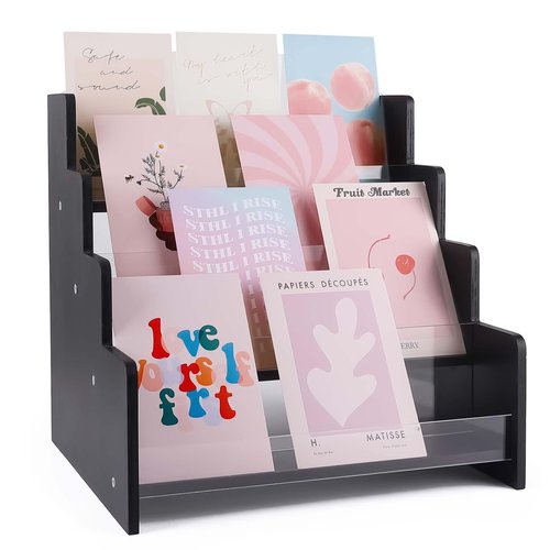 Kesiya Greeting Card Display Stand Holder, 4-Tiered Wooden/Acrylic Organizer Rack for Sticker,Postcard,Brochure,Photos,Picture& Stationery Vendors,Retail Stores (Black)