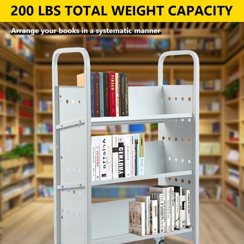 Book Cart, 44'' x 29.5'' x 13.7'' Single Sided V-Shaped Library Book Cart, 200LBS Weight Capacity Library Cart with Four Wheels for Home, Office, School, Book Truck in Silver