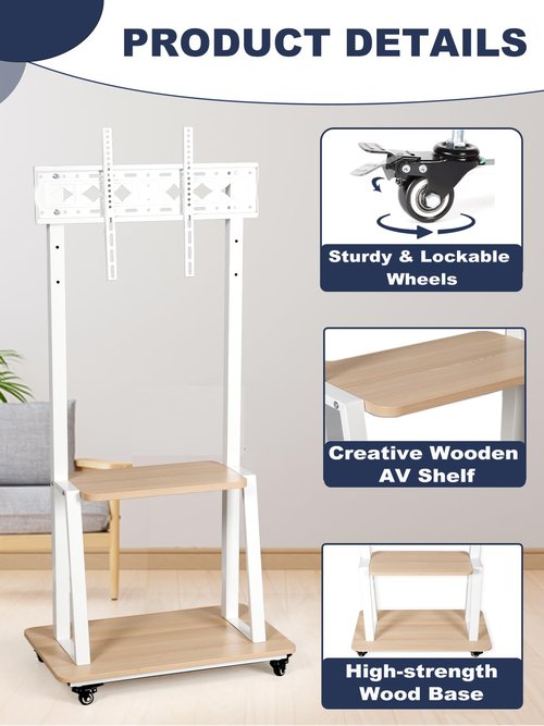 Mobile TV Stand Rolling TV cart for 32-75 Inch Rolling TV Stand with Wheels Flat/Curved LED/LCD/OLED Height Adjustable Heavy-Duty Portable Floor Mount with Wood Shelf Holds up to 100lbs White