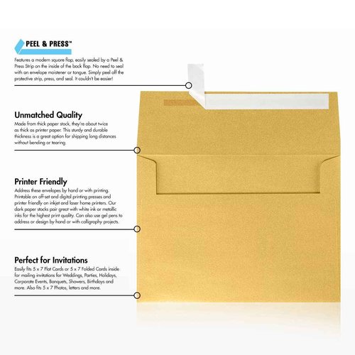 LUXPaper A7 Invitation Envelopes | Peel & Press | 5 1/4" x 7 1/4" | Gold Metallic | 80lb. Text | 250 Qty