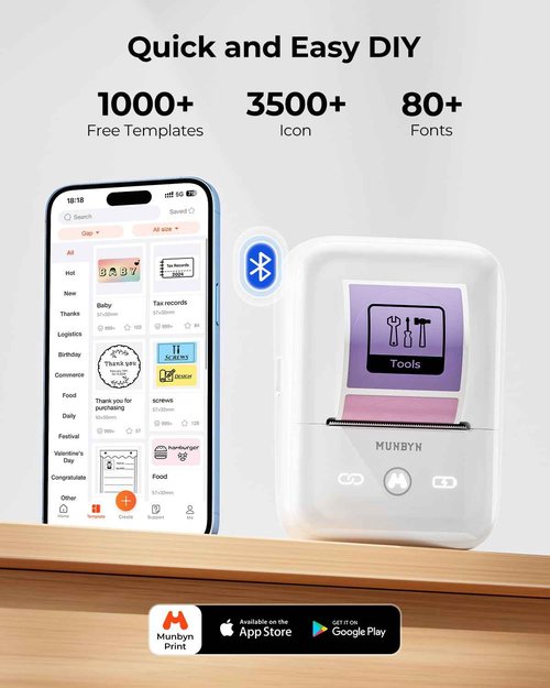 MUNBYN FM226 Label Maker with Tape, Bluetooth Inkless Portable Thermal Sticker Machine,for 0.78-2inch Labels, for Small Businesses, Office Supplies, Address, Clothing, 11H Working Time,White