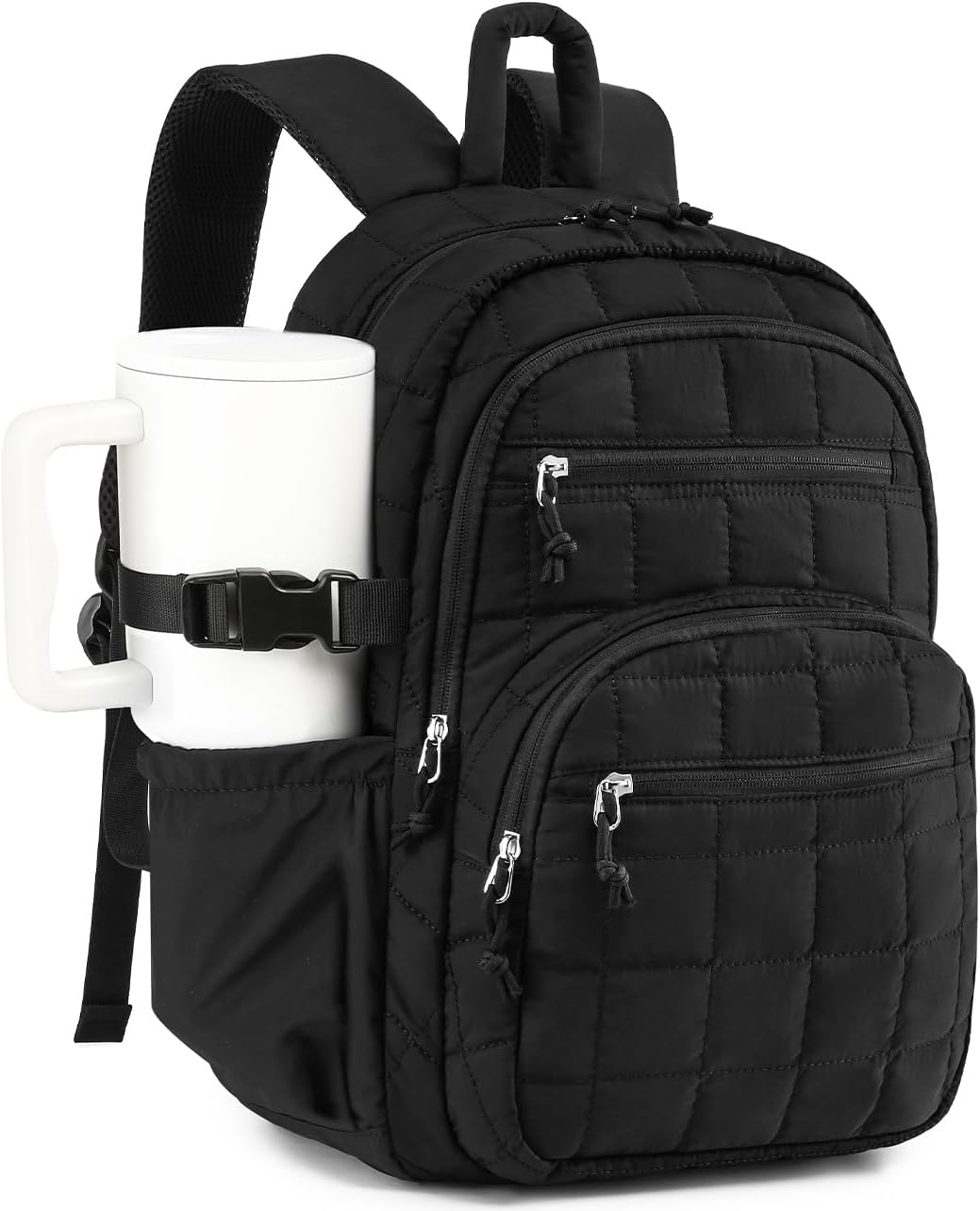 Skiennix Quilted Laptop Backpack - Stylish College Bookbag with Tumbler Holder | Black
