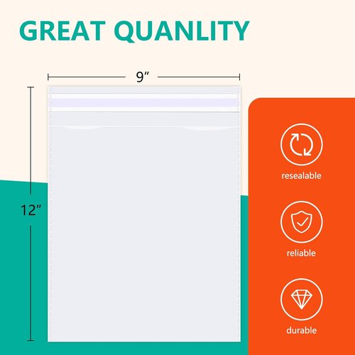 iMailer Clear Plastic Cellophane Bags - Resealable 9" x 12" Poly Bags for Documents & Art Prints