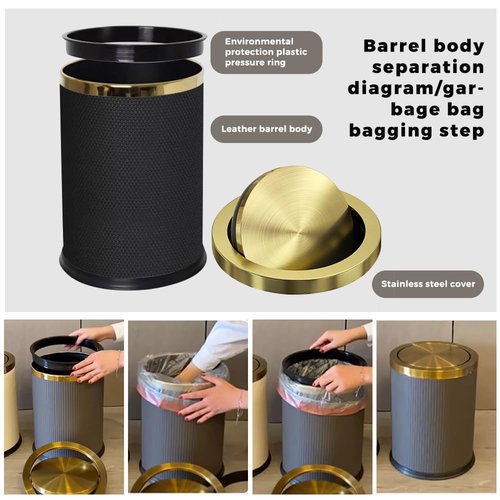 LEASYLIFE 9L/2.3GAL Small Trash Can with Swing Lid,Fancy Gold Waste Paper Baskets for Bathrooms,Black and Gold Trash Can for Bathroom,Bedroom, Powder Room,Office,Laundry Room (9L-Black)