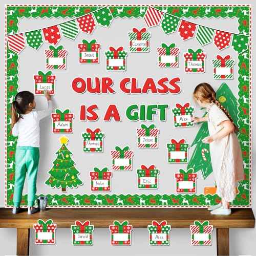 Christmas Bulletin Board Decoration Set Xmas Gift Boxes Borders Cutouts for Party School Classroom Door Welcome Bulletin Board Craft Home Wall (Our Class is a Gift)