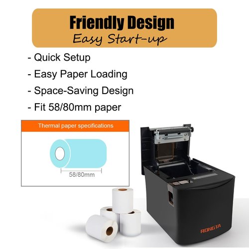 Rongta Thermal Receipt Printer, 80mm High-Speed POS Printer with Auto Cutter, 250mm/s, Ideal for Kitchen & Small Business, Compatible with Windows, Linux, MacOS