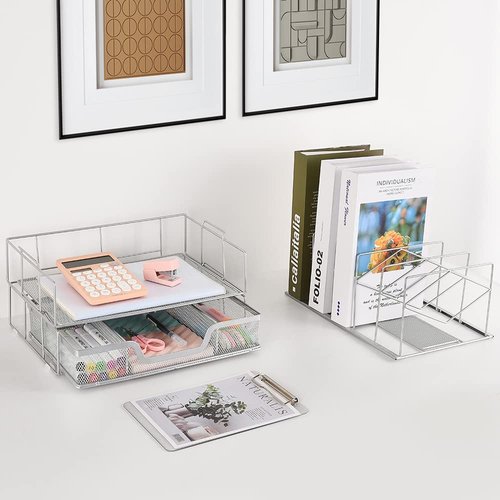 Youbetia Desk Organizers and Storage - Double Tray and 5 Upright Sections, Desk Accessories Office Supplies File Organizer, Book Display & Storage for School or Office, Silver